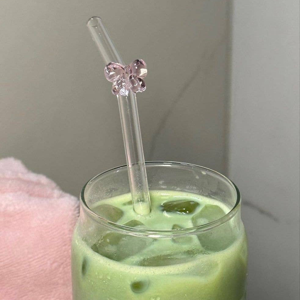 Weavey Studio - Bow Reusable Clear Transparent Glass Bend Drink Straws: Pink