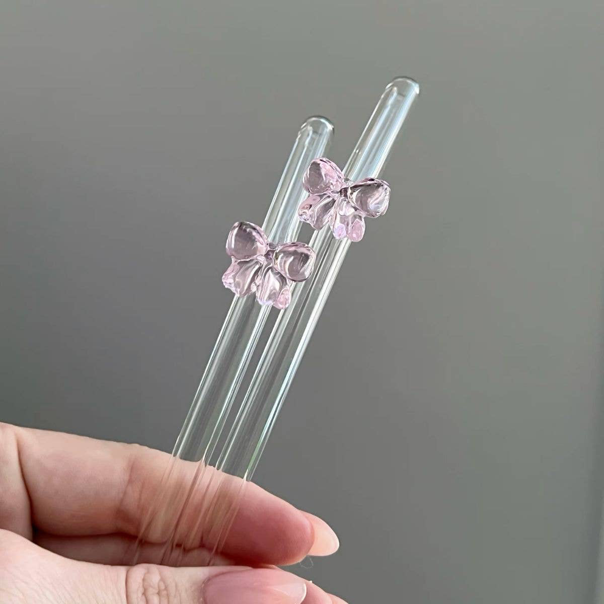 Weavey Studio - Bow Reusable Clear Transparent Glass Bend Drink Straws: Pink
