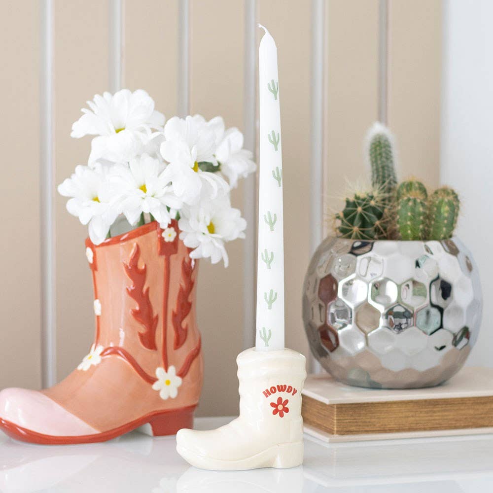 WONDER IMPORTS AUSTRALIA - White Cowboy Boot Candle Holder with Taper Candle