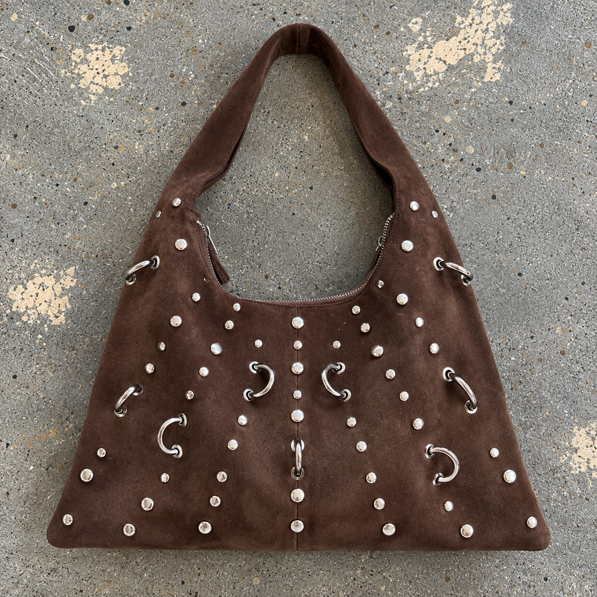 STUD SUEDE HOBO BAG, Chocolate