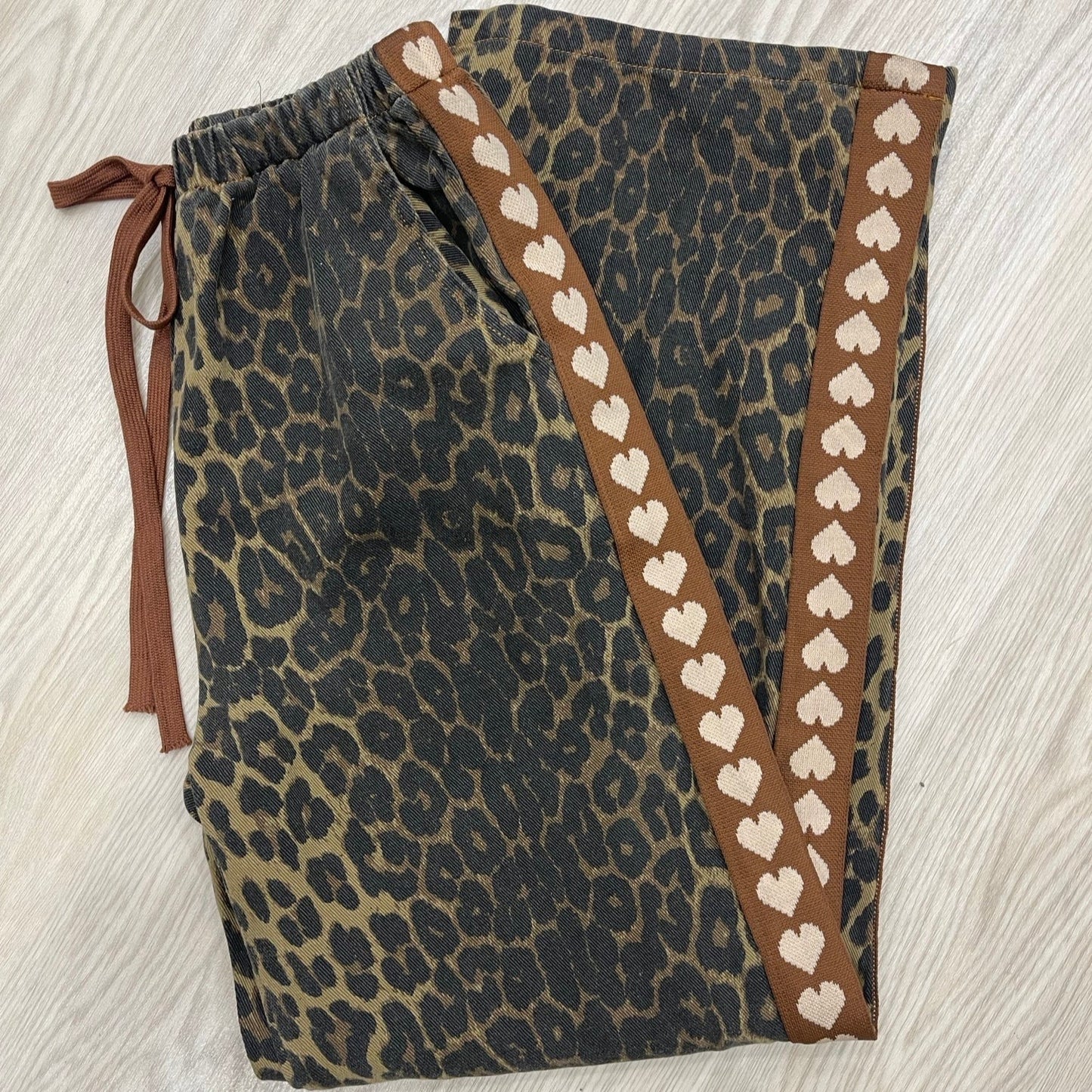 By Frankie - Dark Leopard Denim Heart Racer Pant - Brown Hearts