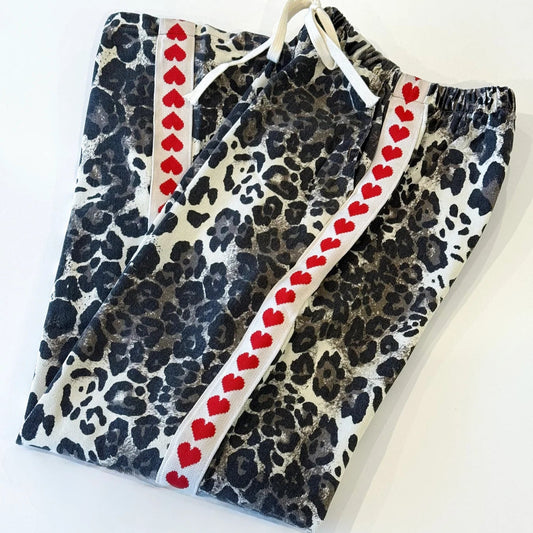 By Frankie - Mid Denim Leopard Racer Pants - Red Heart