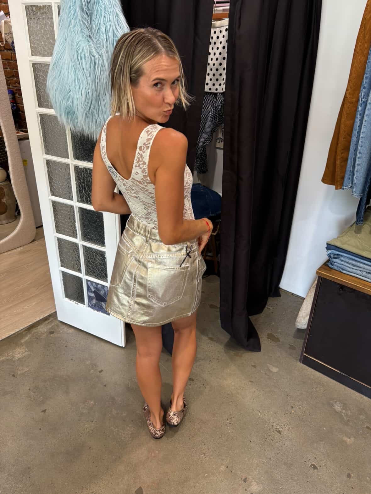 ROLLAS, 90's Relaxed Gold Foil Mini Skirt