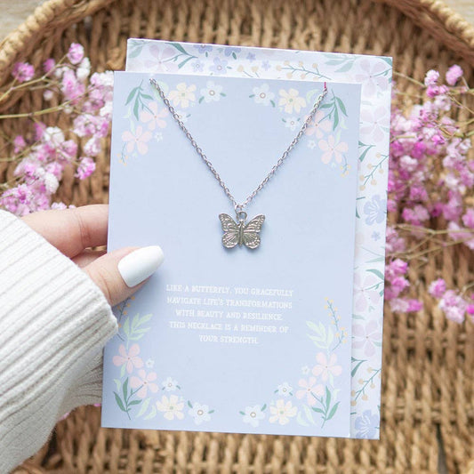 Greeting Card - Silver Tone Butterfly Necklace