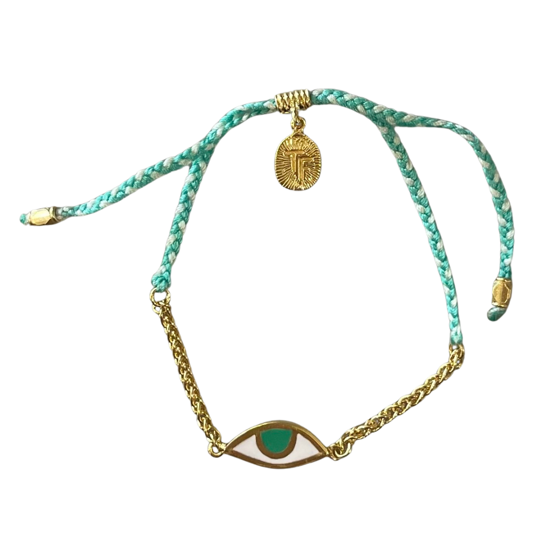 Tiger Frame - Eye Protection Bracelet, Gold Chain & Aqua/Cream Cord