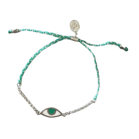 Tiger Frame - Eye Protection Bracelet, Silver Chain & Aqua/Cream Cord