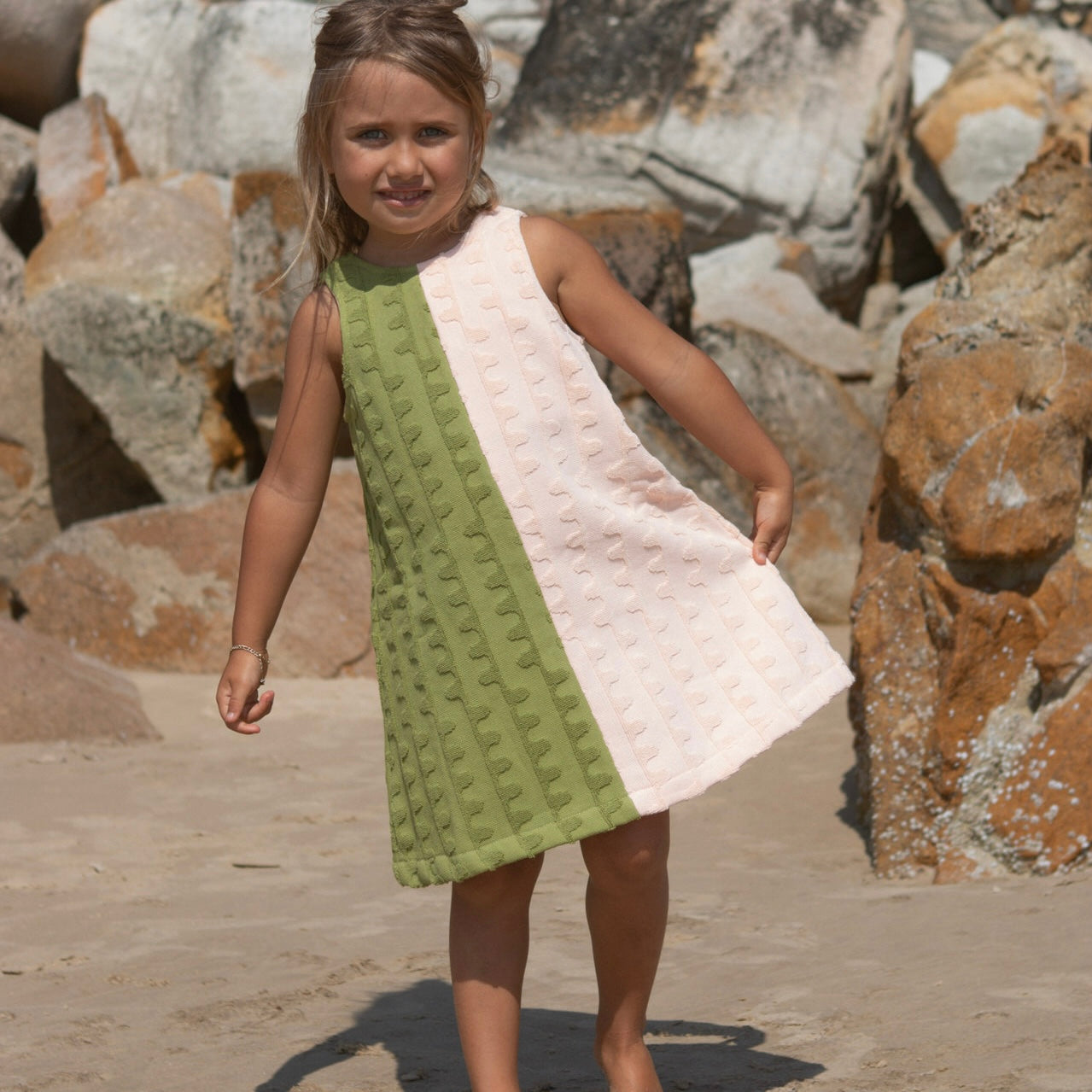 GROWN - Terry Towelling Flow Dress - Leaf/Peachy