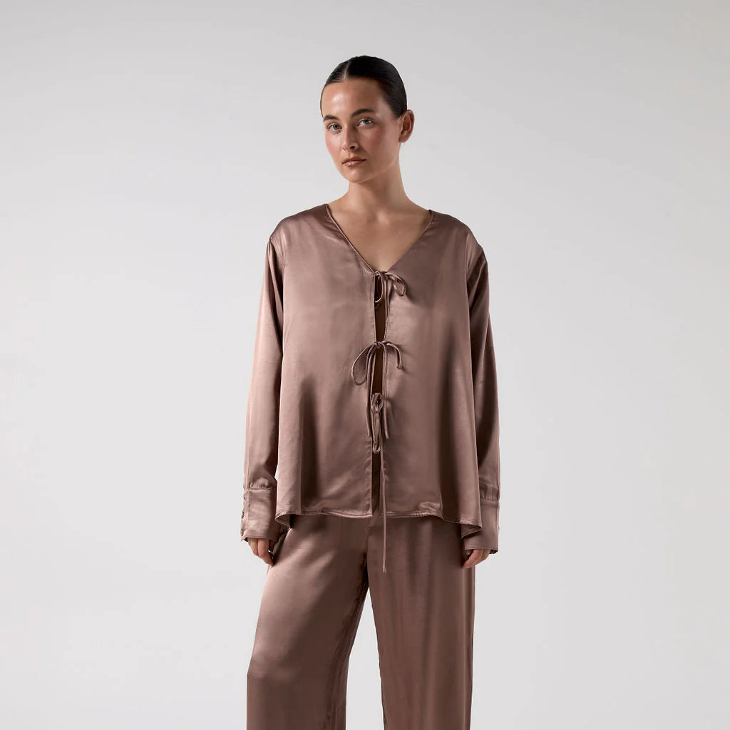 BISK The Label - Brigette Cocoa Satin Tie Blouse