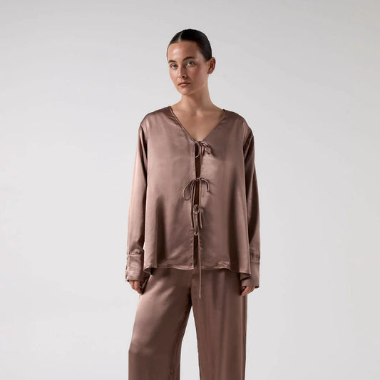 BISK The Label - Brigette Cocoa Satin Tie Blouse