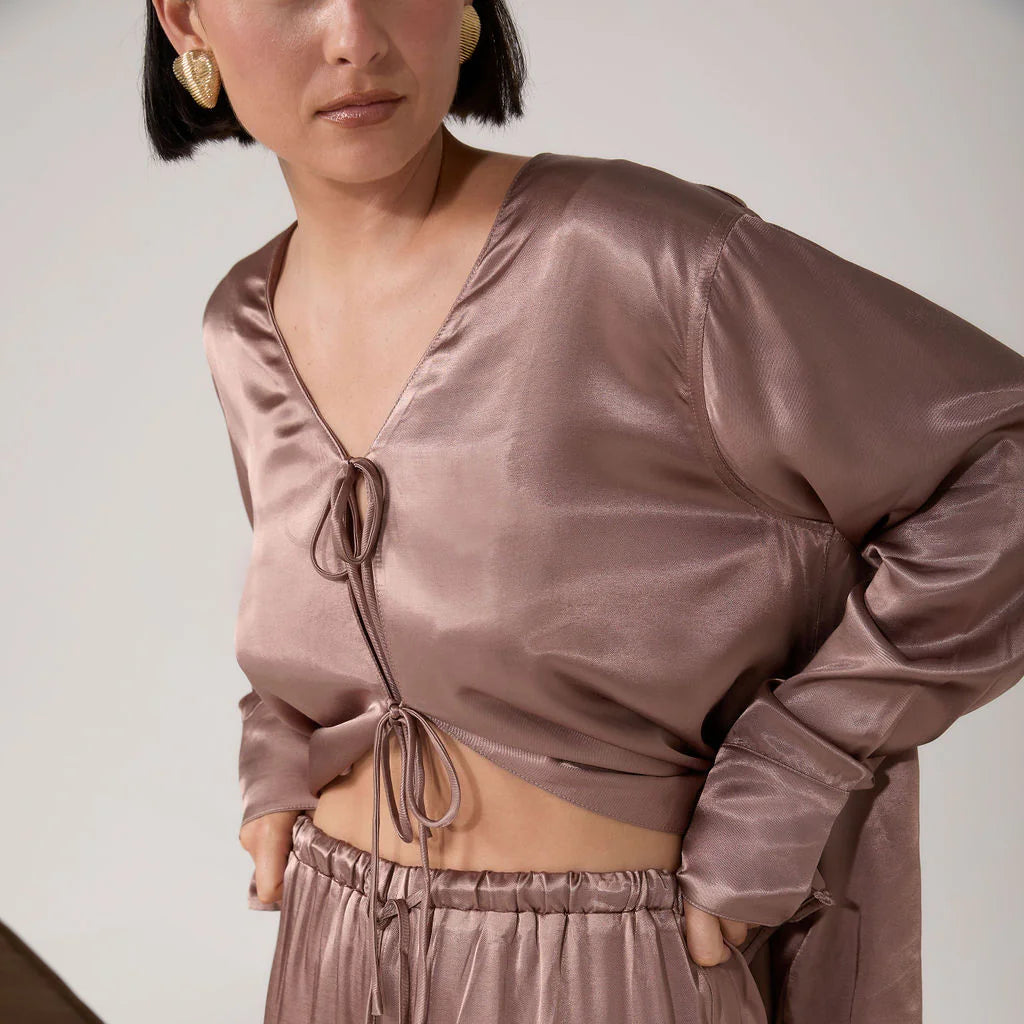 BISK The Label - Brigette Cocoa Satin Tie Blouse