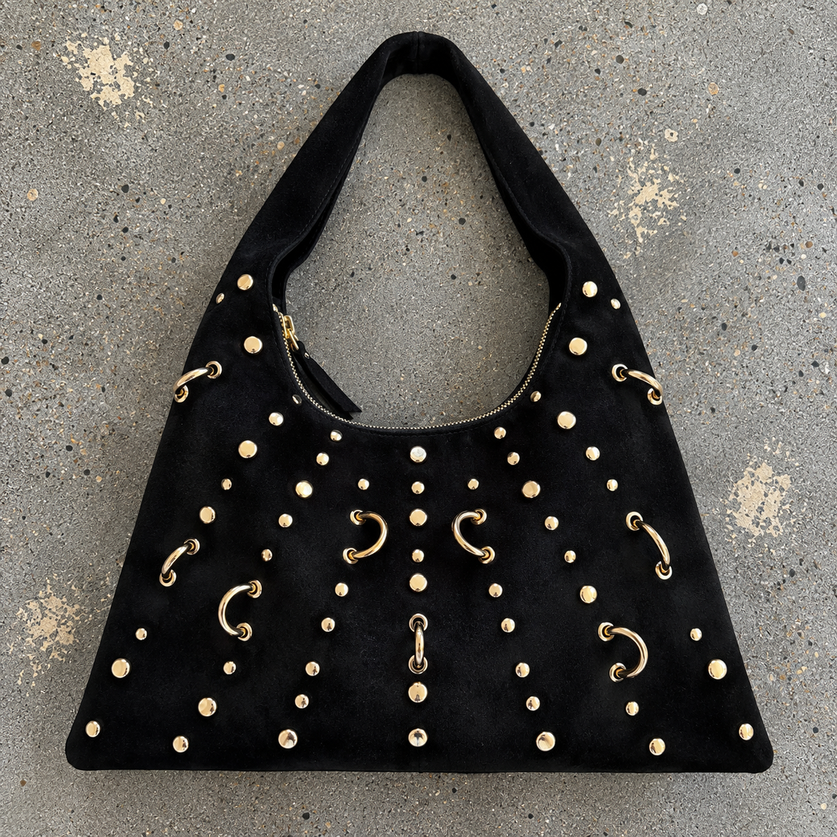 STUD SUEDE HOBO BAG, Onyx