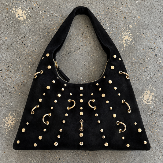 STUD SUEDE HOBO BAG, Onyx