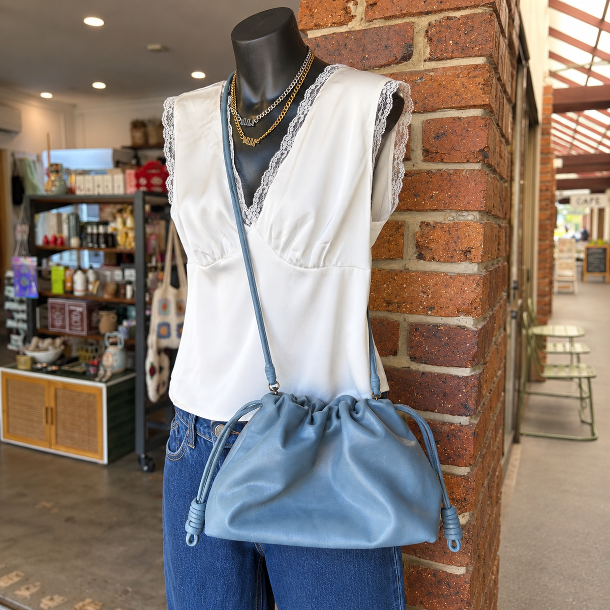 Slouch Leather Pouch Bag, Denim