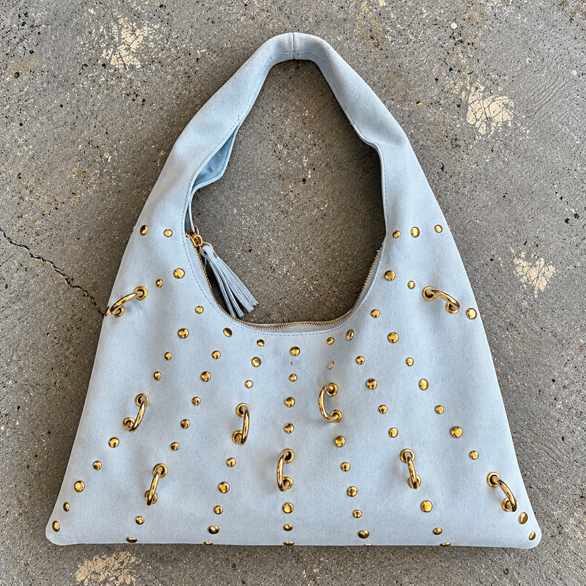 STUD SUEDE HOBO BAG, Powder Blue