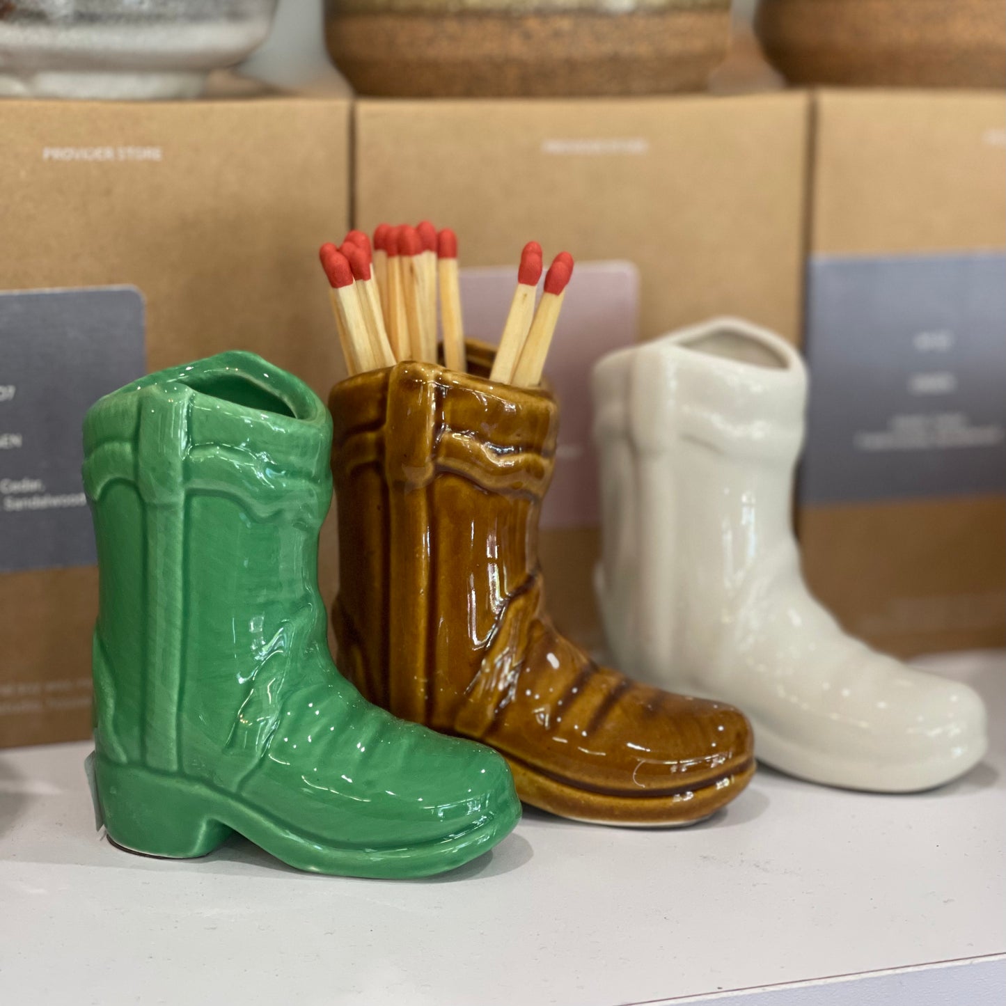 Ceramic Cowboy Boot Match Stick Holder & Striker