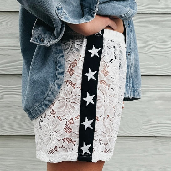By Frankie - White Lace Shorts/Black Star trim