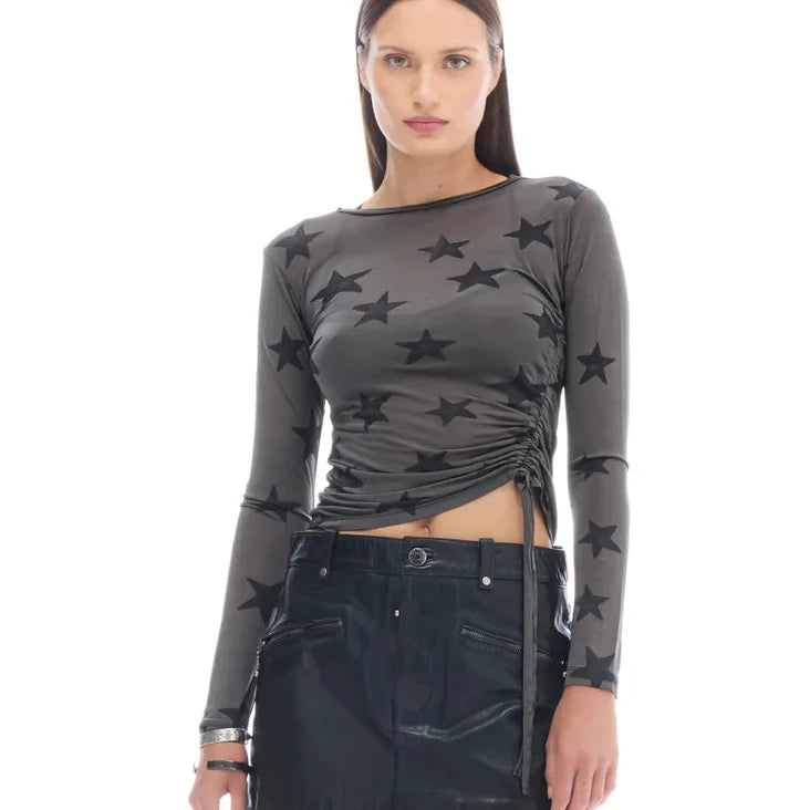 The Tales - Black Star Mesh Ruched Longsleeve Top