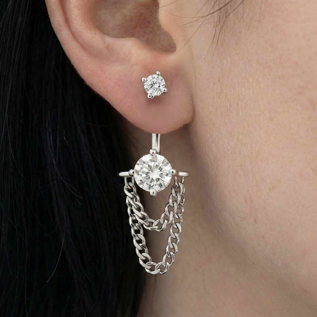 SWEEKU - Silver Tassel Chain CZ Stud Earring