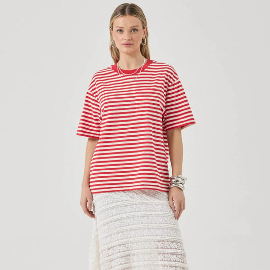 Woman wearing a red and white striped shirt and white lace skirt on a white background