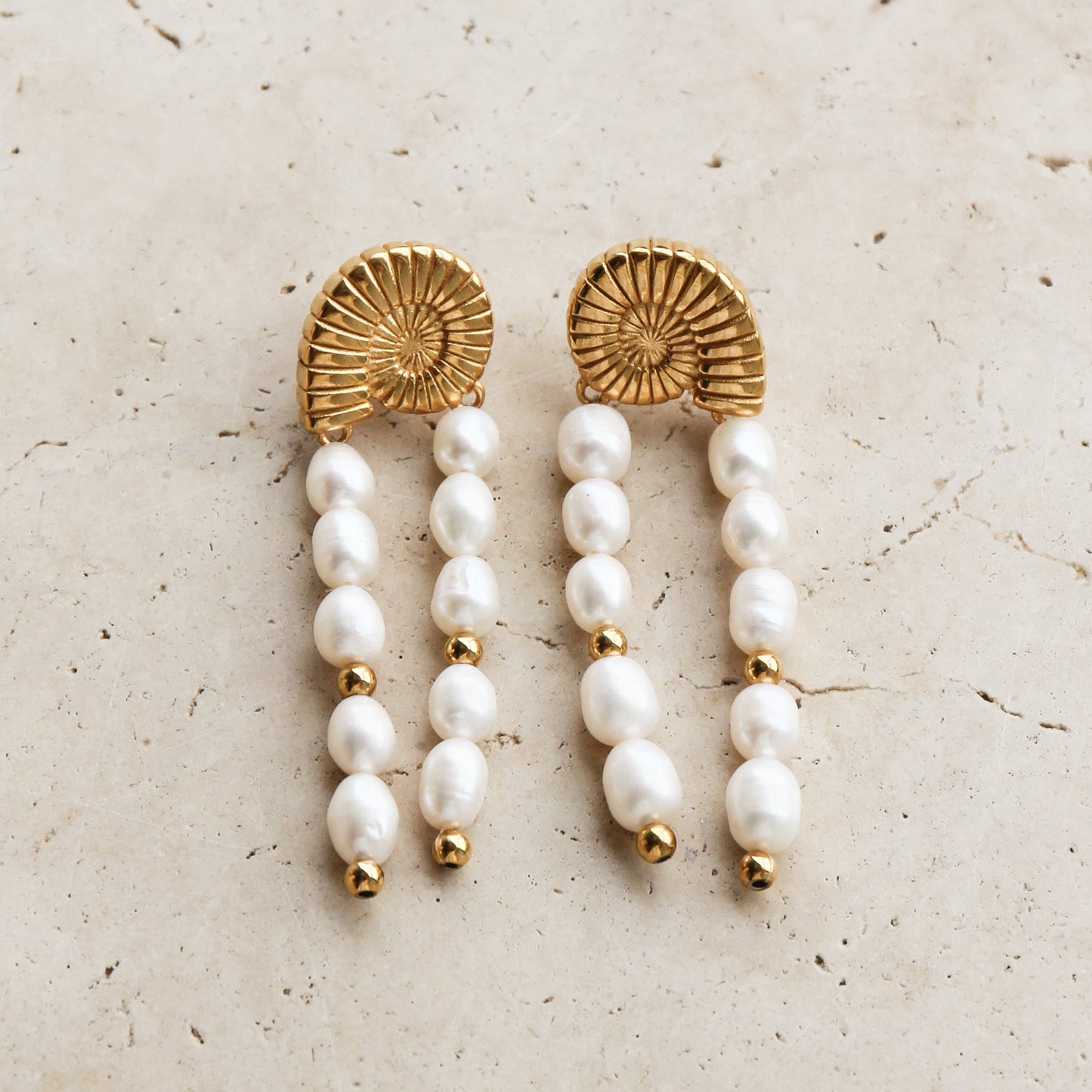 Tegan Rae - Conch Shell Pearl Drop Tassel Earrings