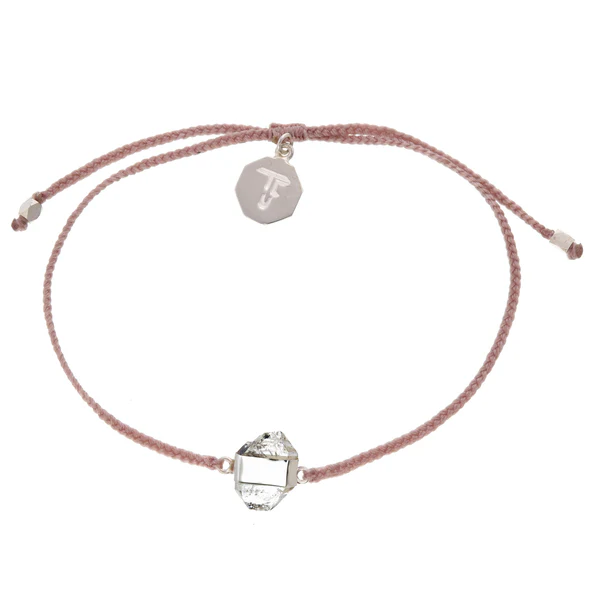 Tiger Frame - Diamond Quartz Crystal Bracelet, Dusty Pink Cord, Silver