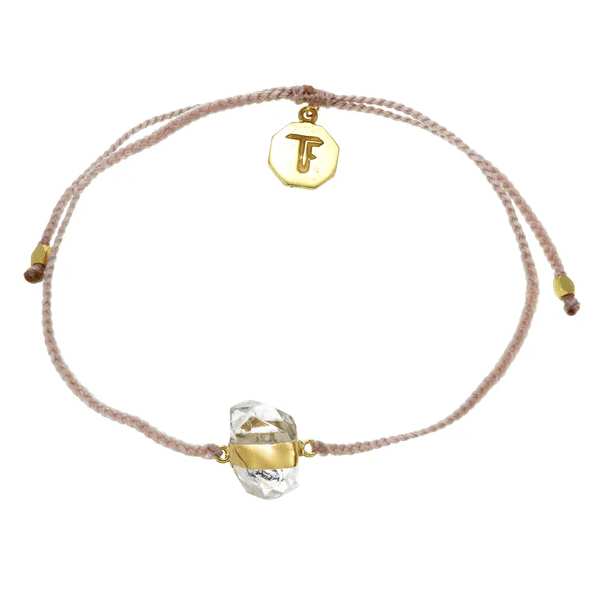 Tiger Frame - Diamond Quartz Crystal Bracelet, Dusty Pink Cord, Gold