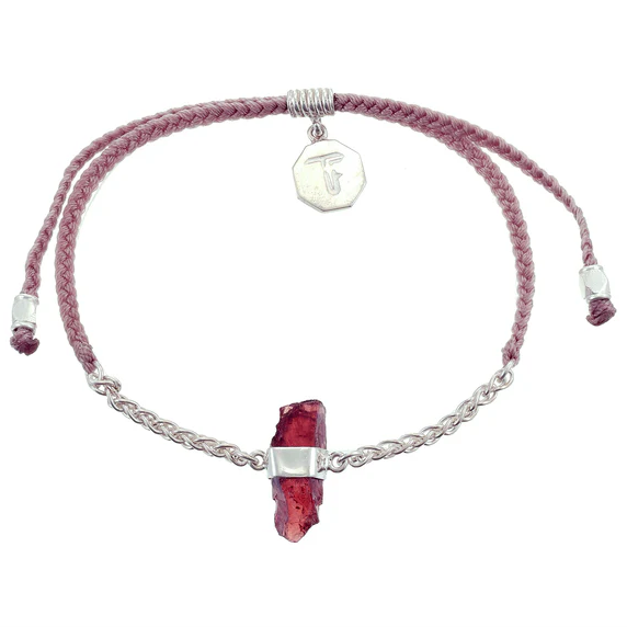 Tiger Frame - Garnet Crystal Bracelet, Dusty Pink Cord & Silver Chain