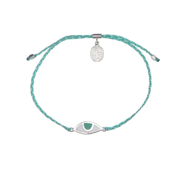 Tiger Frame - Eye Protection Bracelet, Aqua and Cream with Green Eye, Silver