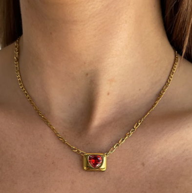 Tegan Rae - RUBY RED HEART NECKLACE GOLD