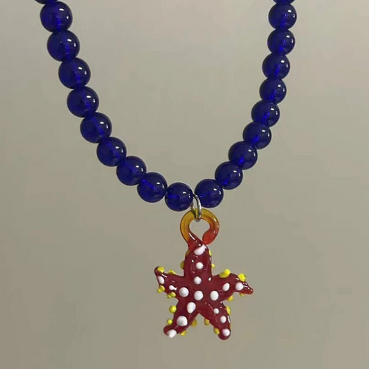 Tegan Rae - HANDMADE RED STARFISH PENDANT NECKLACE - BLUE GLASS BEADS