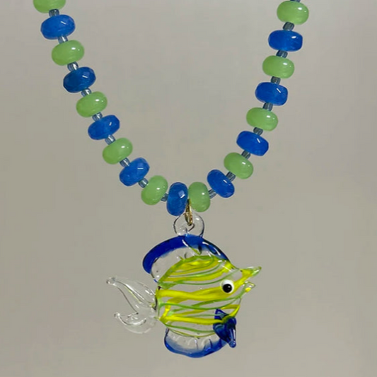 Tegan Rae - HANDMADE TROPICAL FISH PENDANT NECKLACE - BLUE GREEN GLASS BEADS