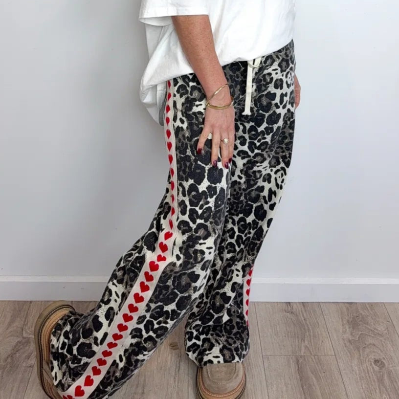 By Frankie - Mid Denim Leopard Racer Pants - Red Heart