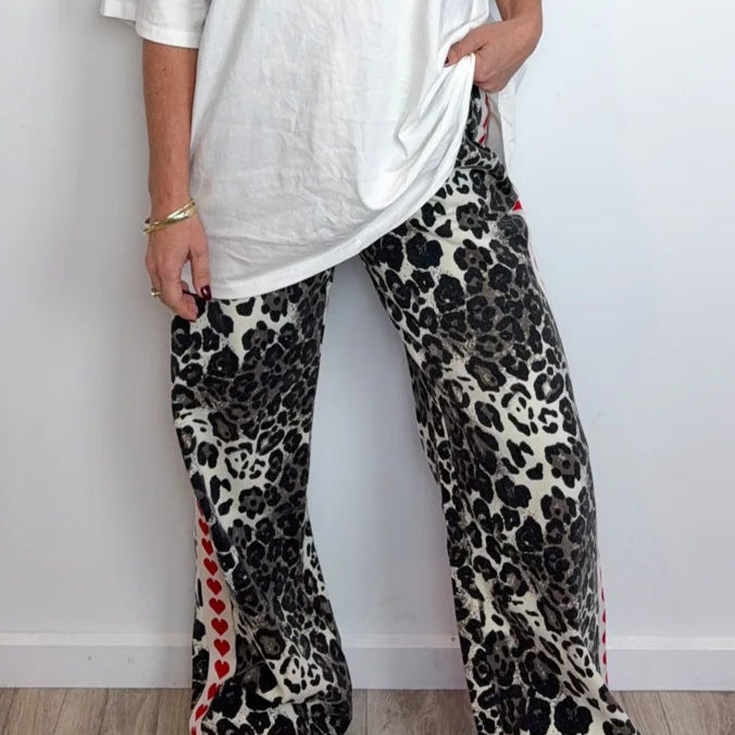 By Frankie - Mid Denim Leopard Racer Pants - Red Heart