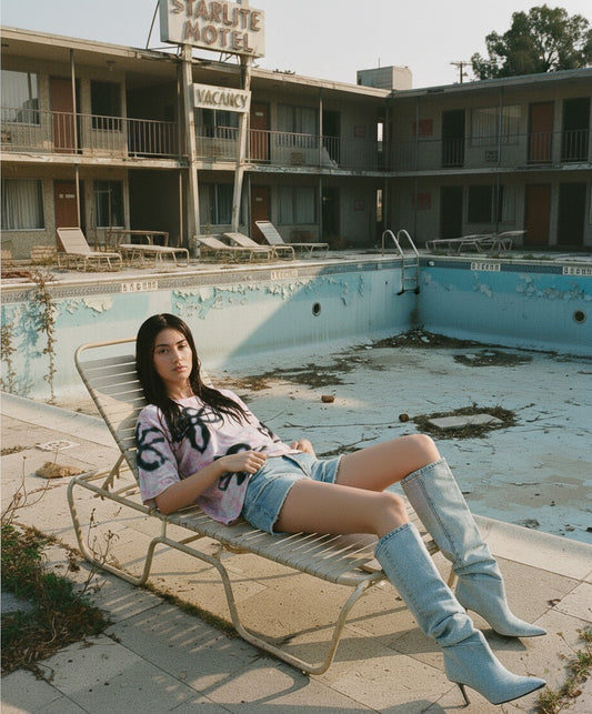 Woman sitting on a lounge chair by an abandoned pool with a motel in the background