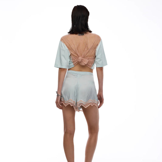 The Tales - Chantilly Lace Back in Dusty Pink Organic Tee - Sea Mist
