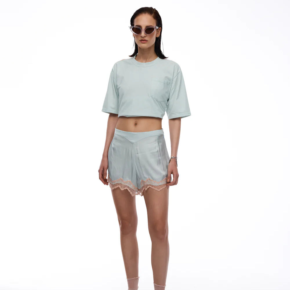 The Tales - Chantilly Lace Back in Dusty Pink Organic Tee - Sea Mist